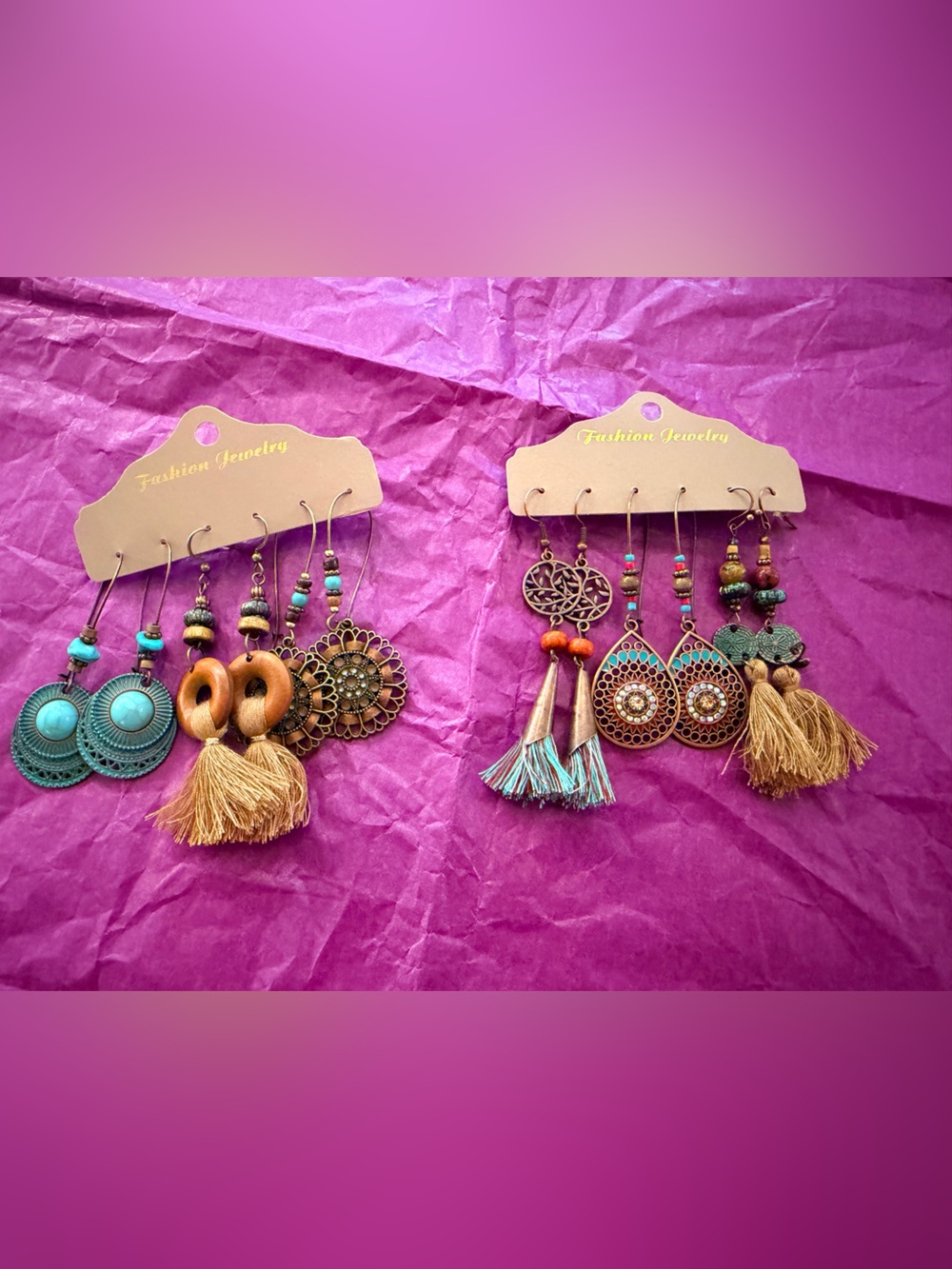 Fashion Jewelry Turquoise & Tan Boho Earring Set - Mixed Tassel Drops
